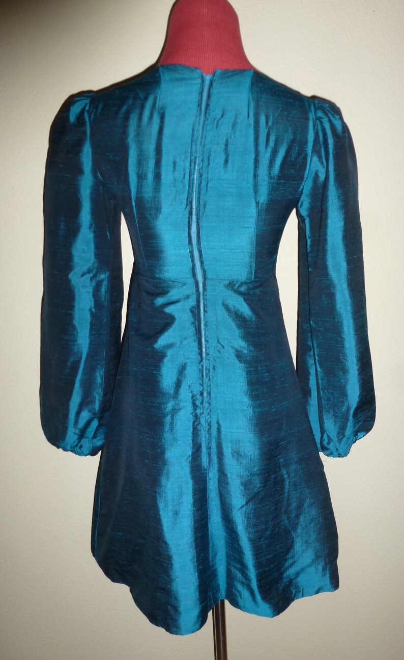 Vintage 60s 70s Teal Silk Dress Empire Long Sleeve Metal Zip Back boho XXS 2XS