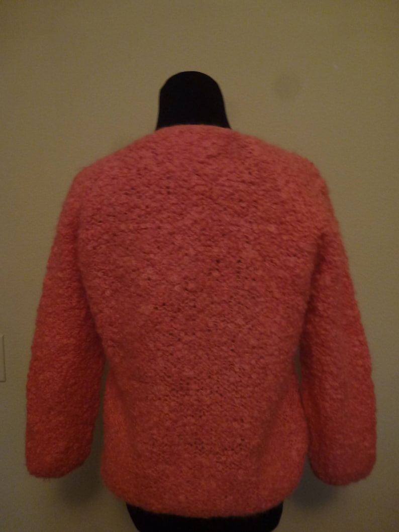 Vintage 60s 1960s 70s 1970s Coral Pink Sweater Italian Curly Mohair Pull Over V Neck Bracelet Sleeves M Medium Med Large L Lg