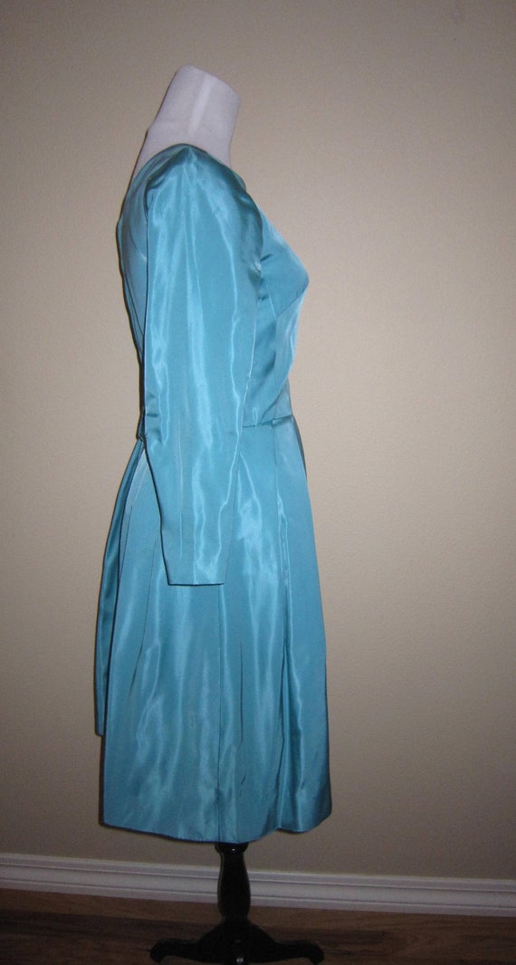 Vintage 50s  60s Blue Cocktail Dress Satin Taffet… - image 2