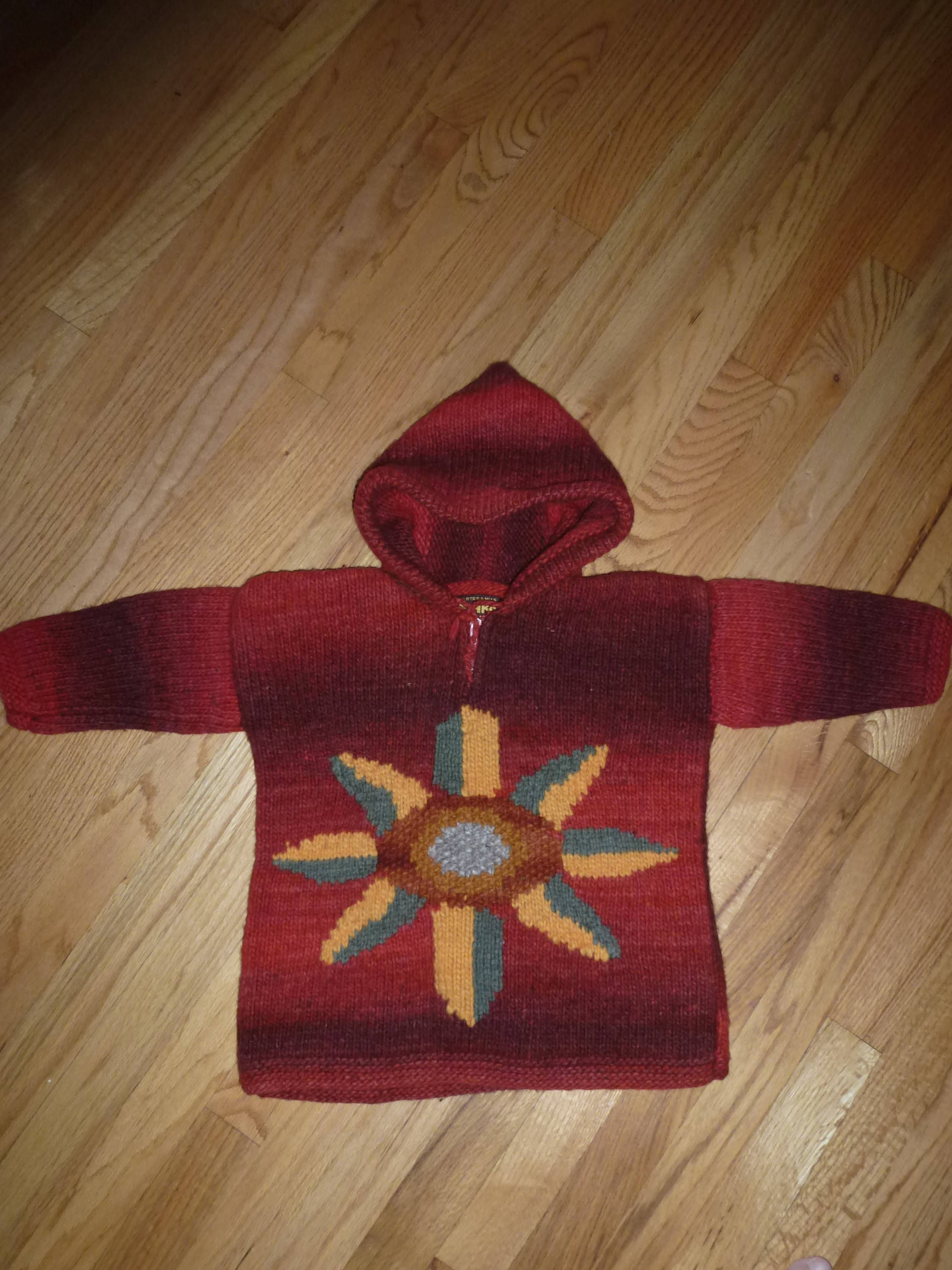Vintage Hand Knit Wool Hooded Sweater: Chunky Sunflower Pullover 