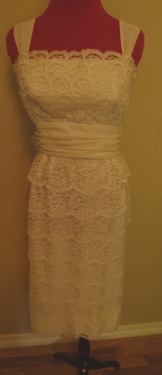 Vintage 50s White Tiered Lace Dress Cummerbund Waist Cross Straps S Small SM