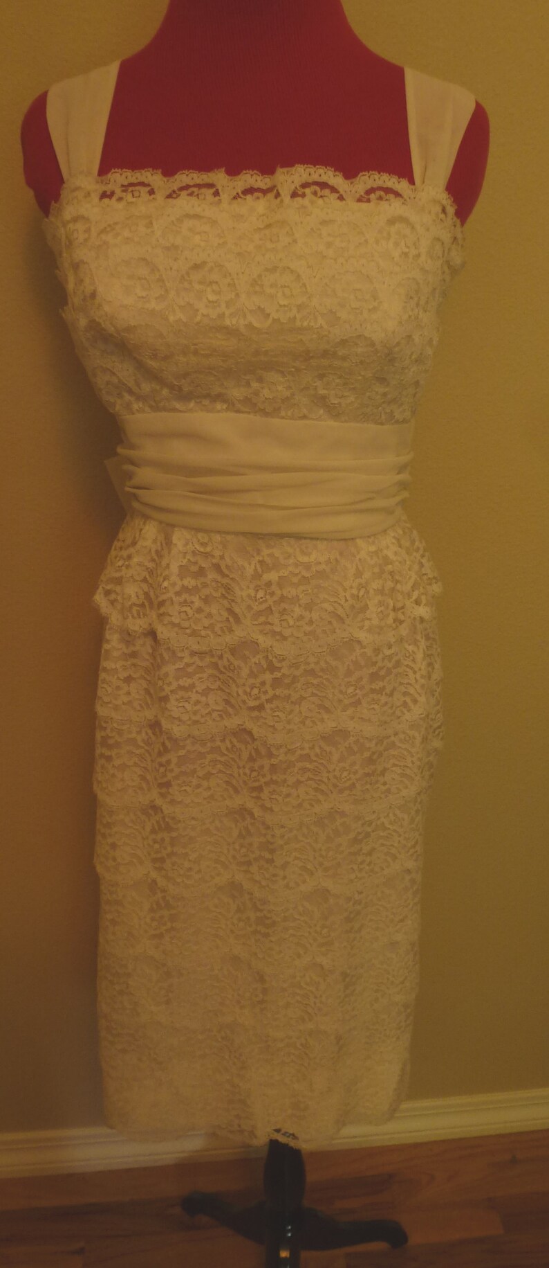 Vintage 50s White Tiered Lace Dress Cummerbund Waist Cross Straps S Small SM