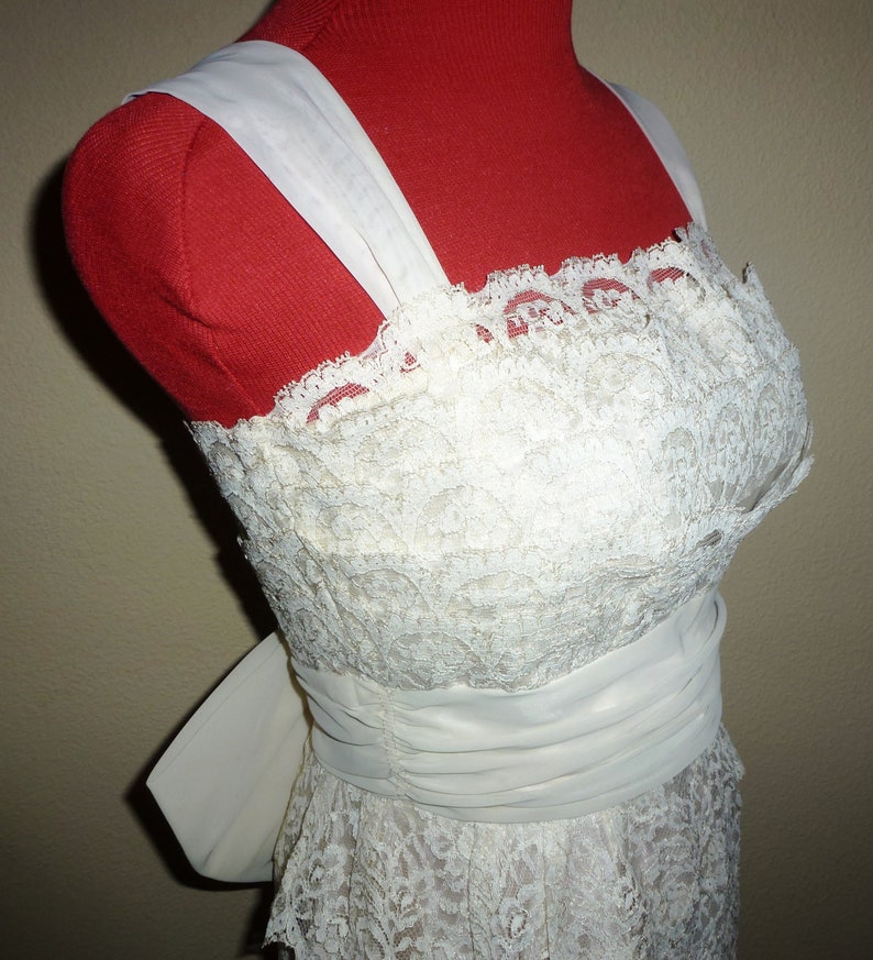 Vintage 50s White Tiered Lace Dress Cummerbund Waist Cross Straps S Small SM