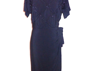 40s 1940s Vintage Black Crepe Cocktail Dress Beaded Short Sleeve Wrap Look Skirt M Medium