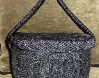 Vintage 40s 1940s Box Purse Black Bead Mirror Satin Lined Octagon Handbag