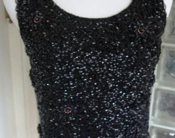 Vintage 1950s 50s 1960s 60s Wool Tank Top Black Encrusted Sequin Bead Sleeveless Zip Up Back Helen Wong S Small