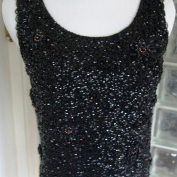 Vintage 1950s 50s 1960s 60s Wool Tank Top Black Encrusted Sequin Bead Sleeveless Zip Up Back Helen Wong S Small