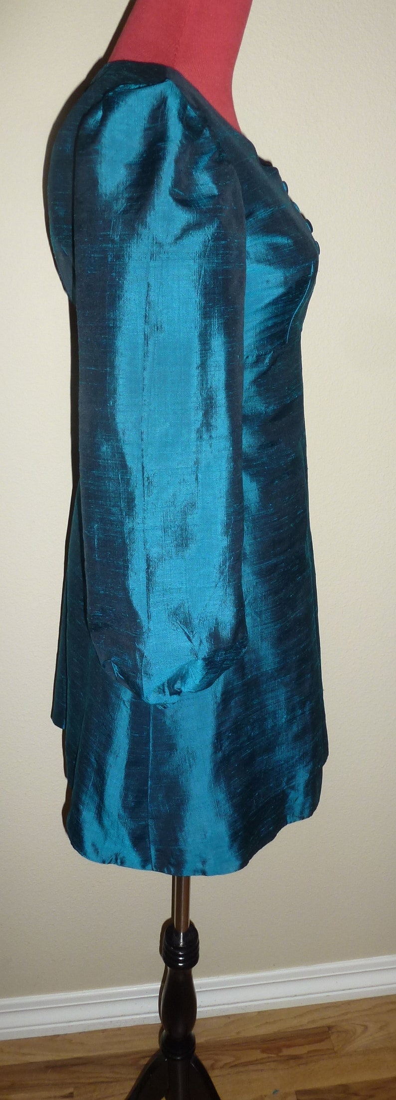 Vintage 60s 70s Teal Silk Dress Empire Long Sleeve Metal Zip Back boho XXS 2XS
