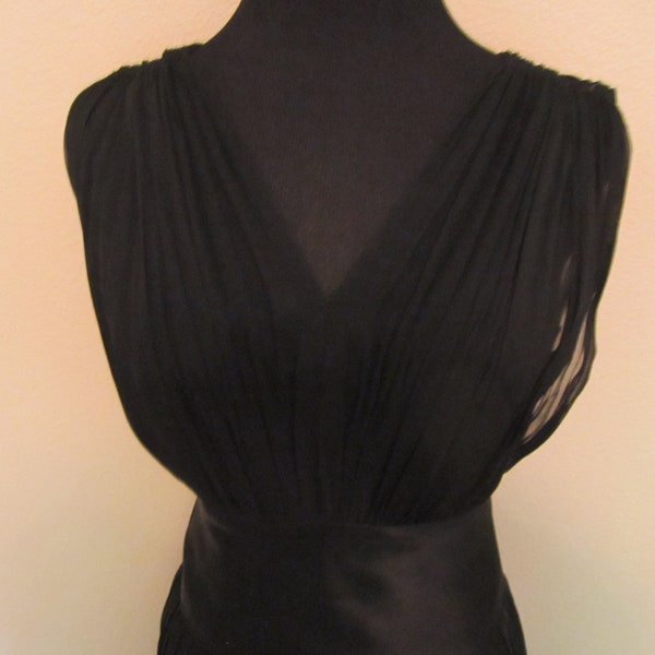 Vintage 60s Samuel & Winston Black Cocktail Dress Chiffon Ruched Satin Banded Waist Pleated Skirt Party S Small M Med Medium S/M