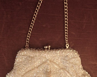 60s 1960s Vintage White Satin Hand Beaded Handbag or Clutch Iridescent Beads Sequins Tuck Away Gold Chain Handle Made in Hong Kong