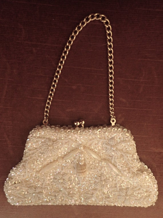 60s 1960s Vintage White Satin Hand Beaded Handbag… - image 1
