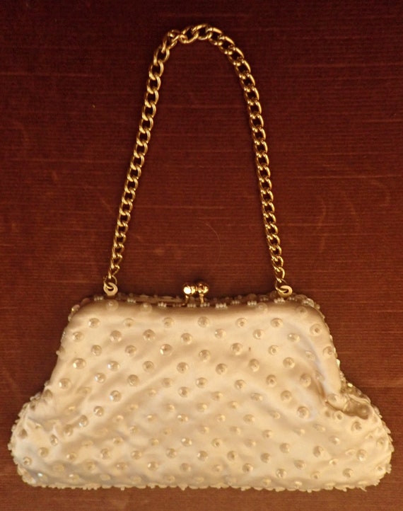60s 1960s Vintage White Satin Hand Beaded Handbag… - image 2