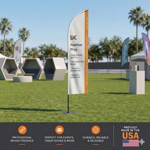 May include: A white feather flag with orange accents stands on a grassy field. The flag displays the text "Feather Flag" and company information. The flag is designed for outdoor use and is stable for soft and hard ground.