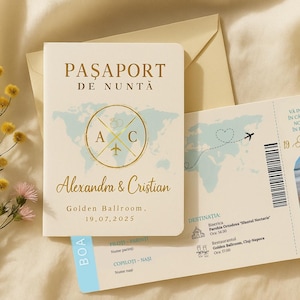 Convite de nuntă tip pașaport + bilhete de avião