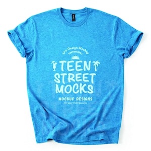 Heather Sapphire T-Shirt Mockup | Gildan 64000 Flatlay Tee | White Studio Mockup