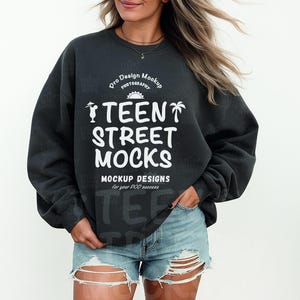 Gildan 18000 Charcoal Oversized Sweatshirt Mockup | G180 Charcoal Crewneck Sweatshirt Mockup | Model Mock | Minimal Neutral Simple Aesthetic
