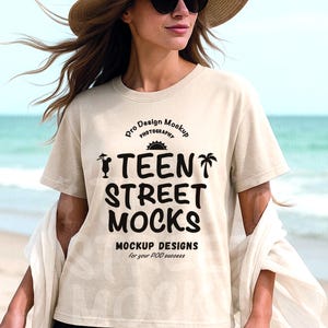 Gildan 64000 Natural Tshirt Mockup | Long G640 Natural T-shirt Mock-up | Beach Model Mock | Simple Trendy Spring Summer Boho Aesthetic
