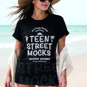 Gildan 64000 Black Tshirt Mockup | Long G640 Black T-shirt Mock-up | Beach Model Mock | Simple Styled Trendy Spring Summer Boho Aesthetic