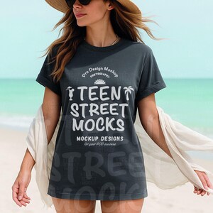 Gildan 64000 Charcoal Tshirt Mockup | Long G640 Dark Grey T-shirt Mockup | Beach Model Mock | Simple Trendy Spring Summer Boho Aesthetic