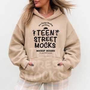 Gildan 18500 Sand Oversized Hoodie Mockup | G185 Sand Hooded Sweatshirt Mock-up | Model Mock | Trendy Minimal Neutral Simple Boho Aesthetic