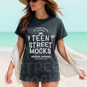 Gildan 64000 Charcoal Tshirt Mockup | Long G640 Charcoal T-shirt Mock-up | Beach Model Mock | Simple Styled Trendy Spring Summer Aesthetic