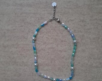 White, Green, and Blue Pearl Necklace, Lobster Clasp & Stainless Steel Chain, Handmade Costume Jewelry