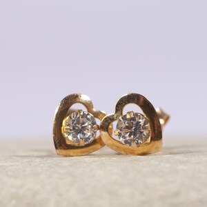 Handmade 9ct Yellow Gold Heart Stud Earrings: Cubic Zirconia Crystal