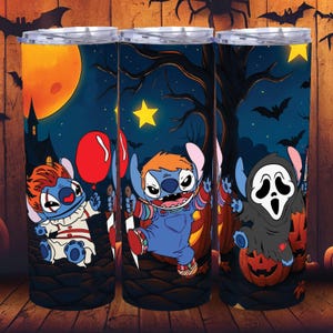 Stitch Halloween Cartoon Killers 20oz Tumbler Wrap Design, Cartoon Alien Stitch Halloween Skinny Tumbler, Spooky Season 20oz Tumbler png