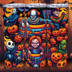 Horror Movie Characters 20oz Skinny Tumbler Wrap Png,Killer Friend Halloween Tumbler,Scary Movie Png,Scary Horror Tumbler Sublimation Design