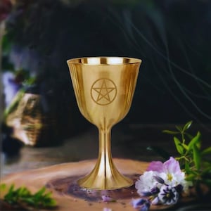 Golden Wiccan Chalice with Pentacle – Ritual Goblet, Witchcraft Altar Tool, Triple Moon Cup, Water Element, Handfasting Offering