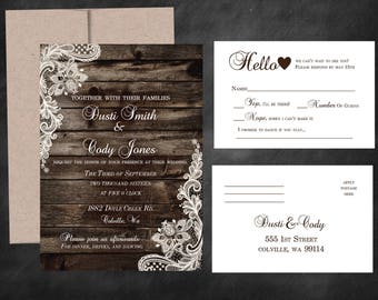 Rustic Wedding Invitation & RSVP | Wood Lace Invitations | Country Western Invites | Rustic Invite Printed or Printable