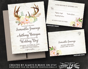 Boho Wedding Rustic Wedding Invitation Suite Boho Antlers Wedding Invitation Printable Cotton Wedding Invitations