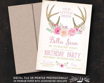 Pink Wild one Deer Antler Flowers First Birthday Party invite Gold Rustic Wood #2002 Arrow Hipster Adventure Girls Printable Printed