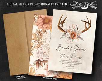 Deer Antlers Bridal Shower Invitation Bohemian Invitations Boho Fall Flowers Invites | Rust Terra Cotta Brown Flower Invite Printed or File