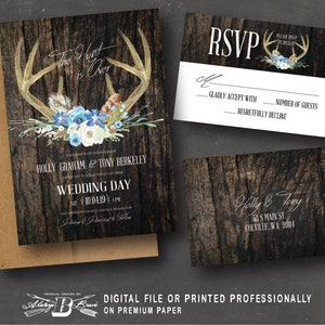 Deer Antler Wedding Invitation & RSVP | Rustic Invitations | The Hunt is Over Invites | Fall Blue Floral Boho Invite Printed or Printable