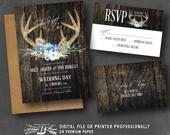 Deer Antler Wedding Invitation & RSVP | Rustic Invitations | The Hunt is Over Invites | Fall Blue Floral Boho Invite Printed or Printable