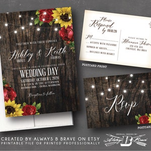 Red Rose Sunflower Wedding Invitation SET Rustic Barnwood Invites Fall Invite RSVP Wood & Lights Invitations Printed or File Sunflowers image 4