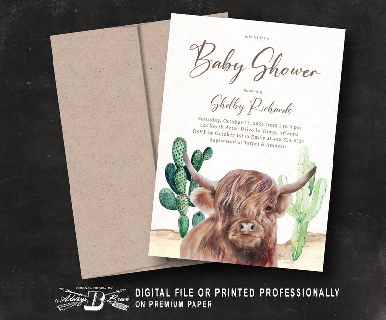 Highland Cow Baby Shower Invitation Bohemian Invitations Rustic Western CoEd Invites Cactus Boho Couples Invite Aztec Farm