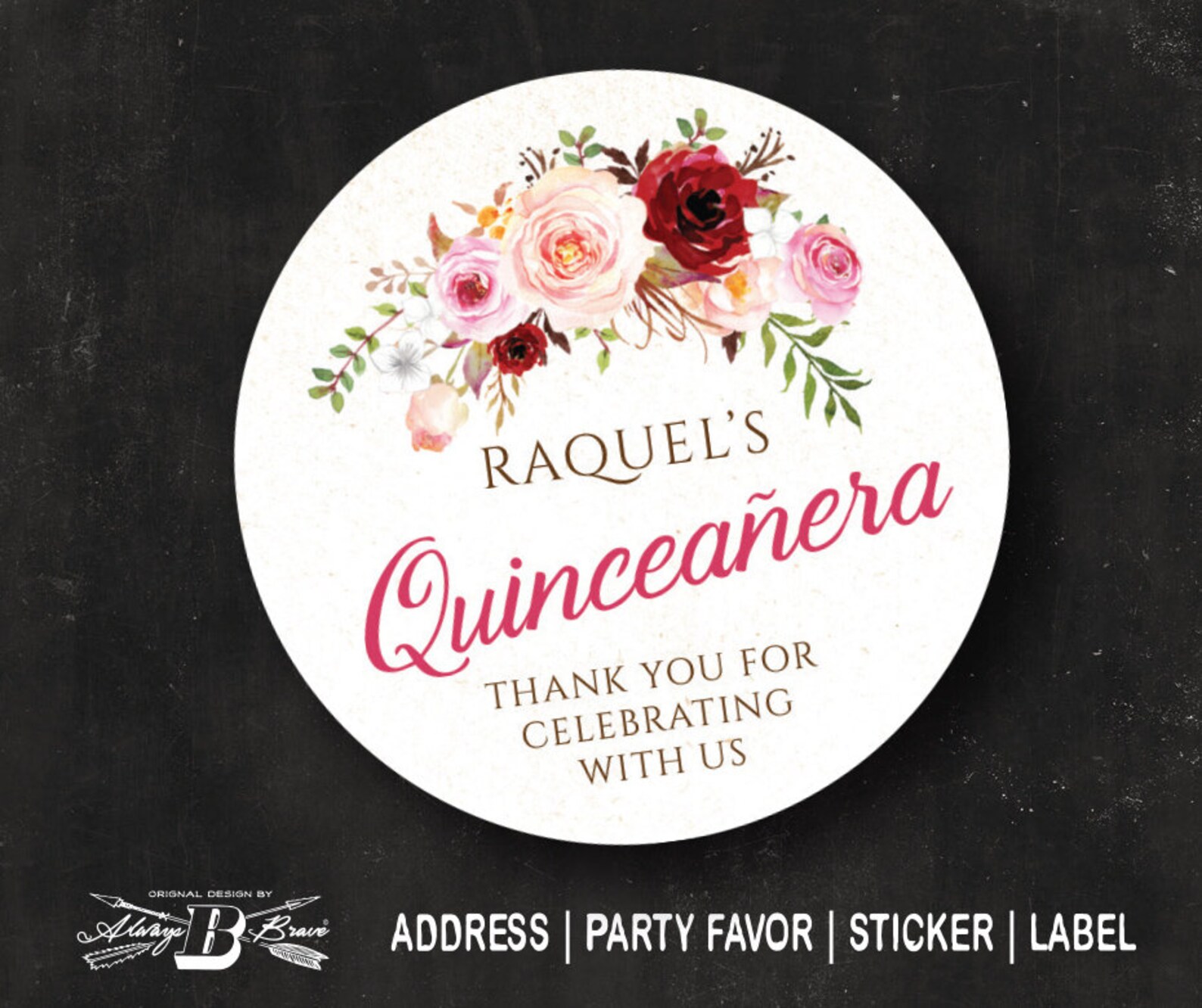 Rose Quinceañera Label Red Marsala Blush Pink Floral Etsy