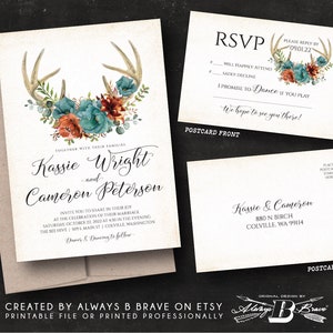 Deer Antler Wedding Invitation & RSVP | Fall Invitations | Teal Rust Flowers Invite | Rustic Boho Flowers Invites Bohemian Antlers Floral