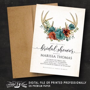 Deer Antler Bridal Shower Invitation | Boho Teal Rust Floral Invitations | Rustic Bohemian Invites | Fall Flower Invite Printed or File