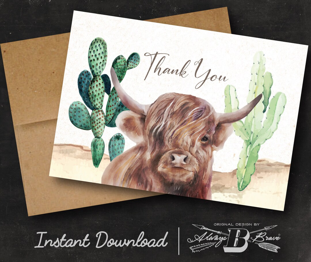 Highland Cow Thank You Card Instant Download Printable Etsy
