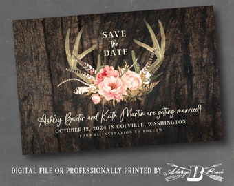 Deer Antler Save the Date Postcard | Rustic Barnwood Save the Dates | Boho Blush Flowers Wedding Postcards Floral Bohemain Flower Invitation