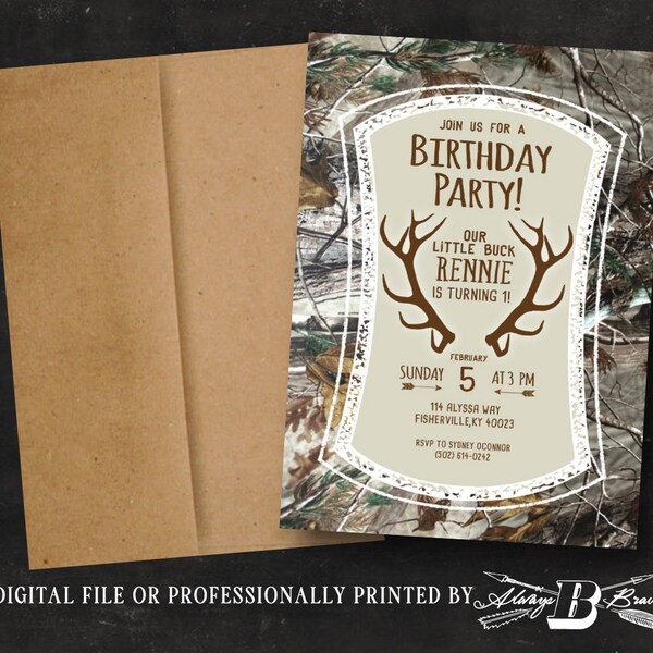 Camo Birthday Invitation | Deer Antler Invitations | Modern Rustic Camoflauge Invite | Woodland Boy Guy Hunting Invites Printed or Printable