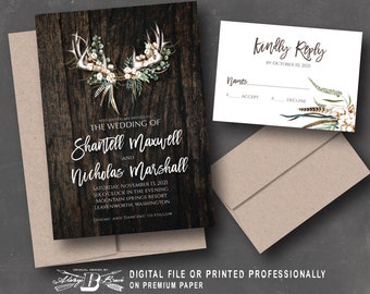 Rustic Boho Invites Maroon Blue Sunflower Invite Printed or Printable Deer Antler Wedding Invitation Country Wood Floral Invitations