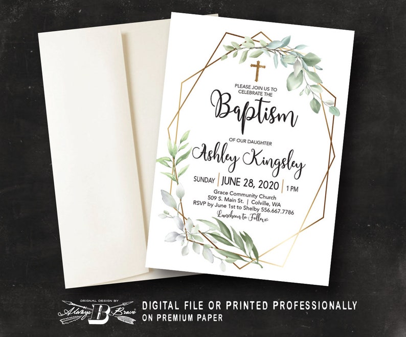 Religious Invites Printed OR Printable Greenery Invitations Gold Geometric Invite Baptism Invitation