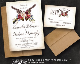 Country Chic Wedding Invitation & RSVP | Guns Roses Invitations | Vintage Red Floral Invites | Rustic Western Invite Printed or File