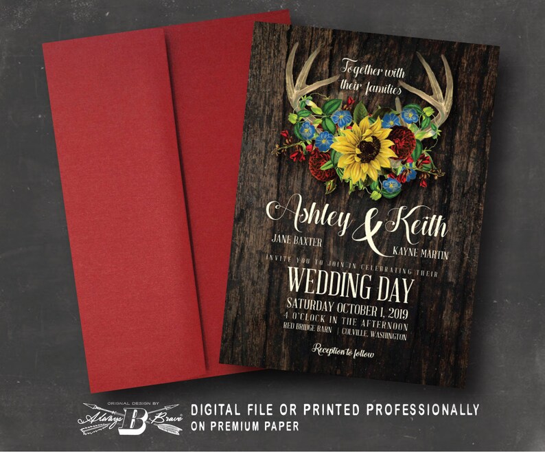Rustic Boho Invites Maroon Blue Sunflower Invite Printed or Printable Deer Antler Wedding Invitation Country Wood Floral Invitations