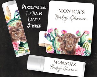 Highland Cow Lip Balm Label | Chapstick Cactus Baby Shower Favor Stickers Western Sticker Party Favors Pink Flowers Roses Labels