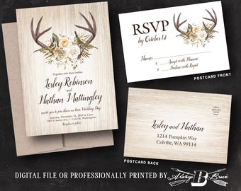 Deer Antler Wedding Invitation | Boho Invitations & RSVP | Wood Beige Flowers Bohemian Invite Rustic Western Hunting Invites Printed or File